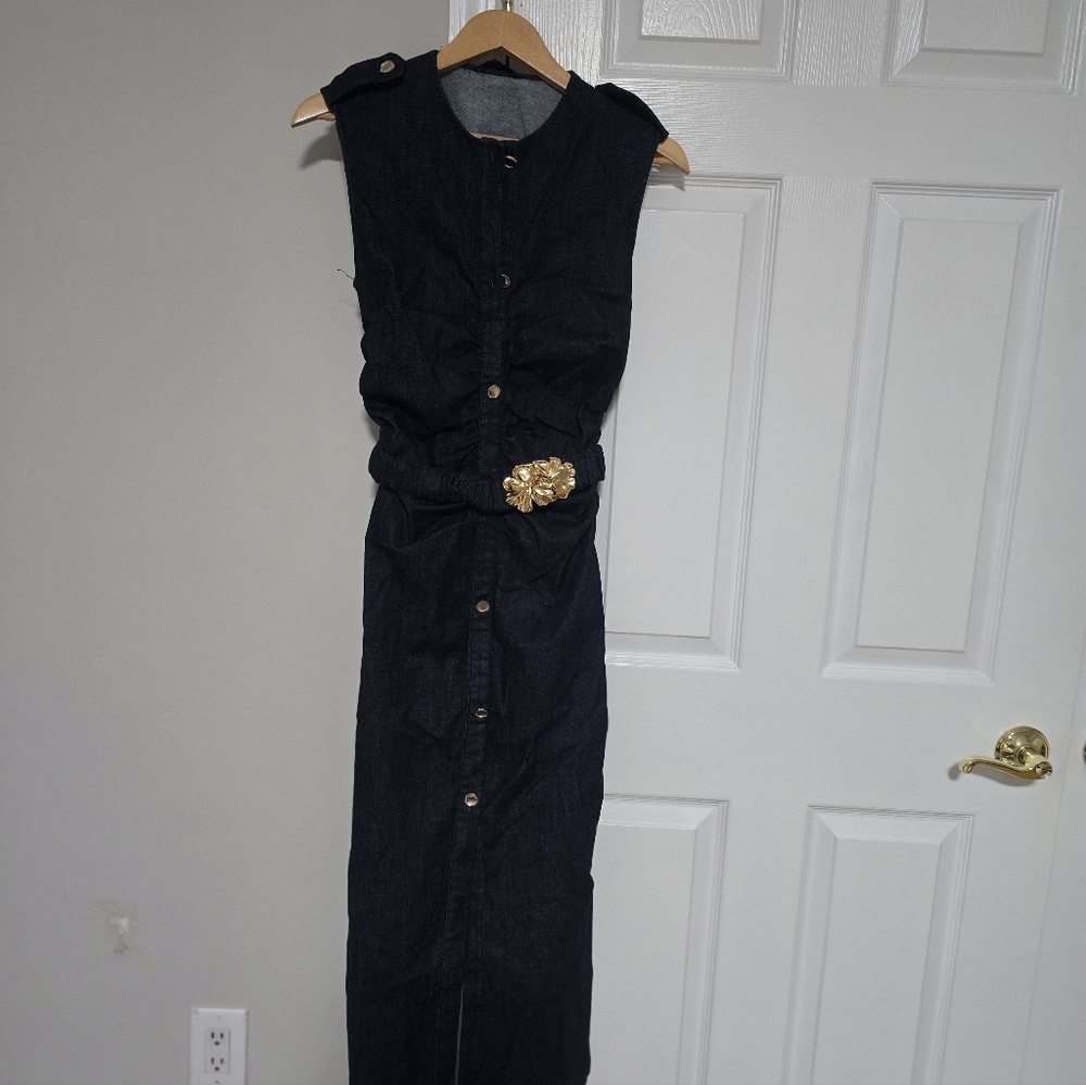 Zara Dark Blue Denim Midi Dress with Gold Accents - Picture 10 of 16